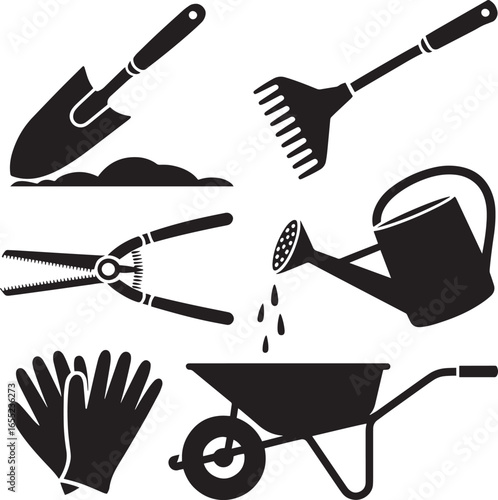 Garden tools silhouettes bundle trowel rake shears watering can gloves wheelbarrow vector