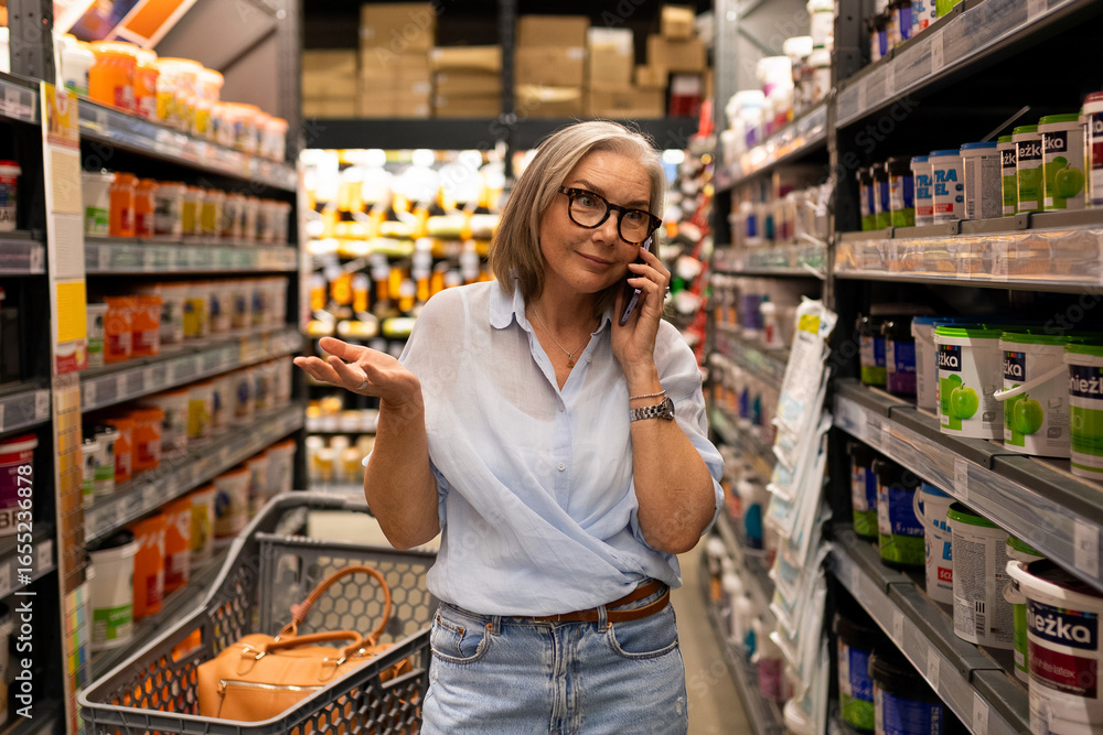 Fototapeta premium Woman shopping in a grocery store aisle while talking on the phone during afternoon hours