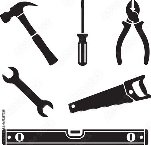 Hammer screwdriver wrench pliers saw level vector