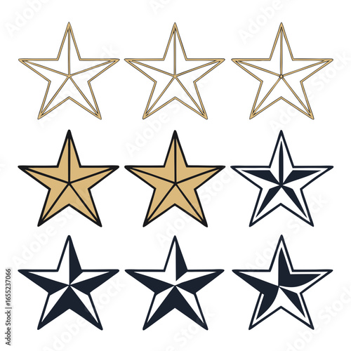 Collection of nine nautical stars in gold and navy blue on white background