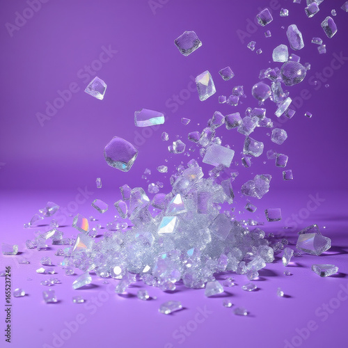 Sparkling Crystal Fragments on Vibrant Purple Surface in Artistic Display