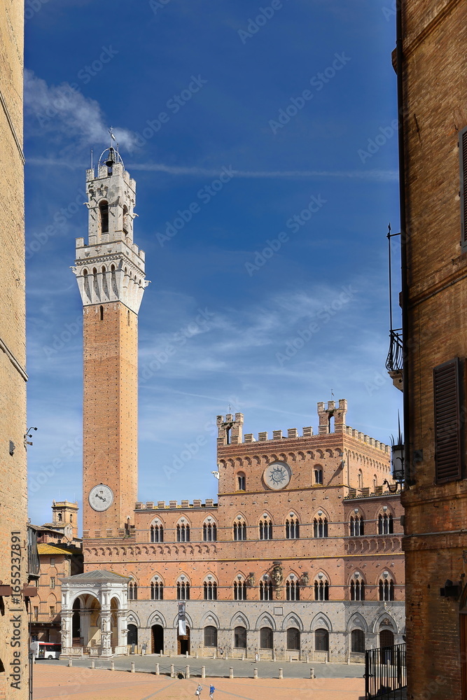 Naklejka premium Torre del Mangia Tower and Palazzo Pubblico-Town Hall across Piazza del Campo Square seen along Costanella dei Barbieri Slope. Siena-Tuscany-Italy-205