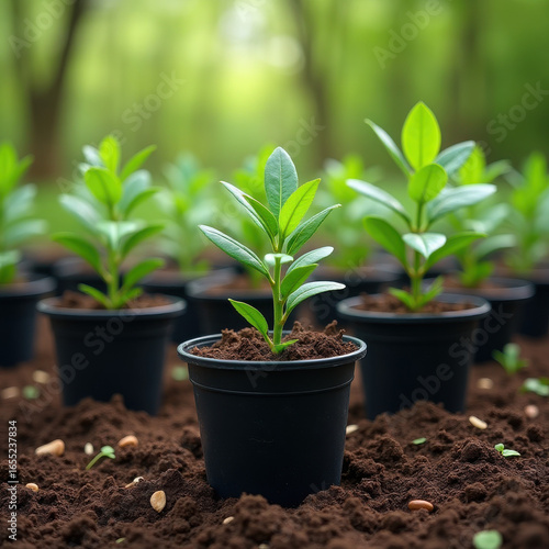 Young green plants in black pots thriving in rich soil under soft natural light in a serene garden setting