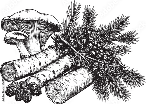 Woodland Harvest: A Rustic Collection of Mushrooms, Birch, and Berries