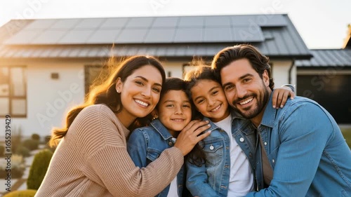 Latin Family in Front of Their House with Solar Panels
