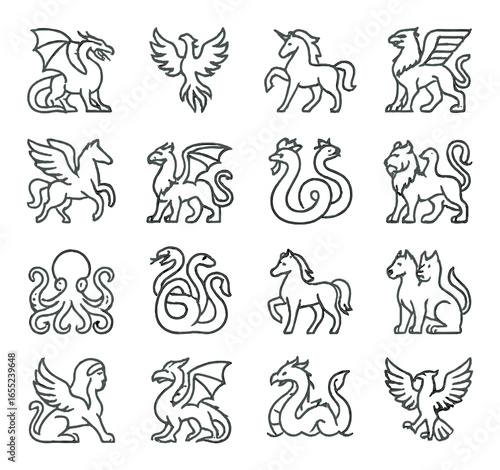 Linear mythical creatures icons set featuring dragon, phoenix, unicorn, griffin, pegasus, and hydra
