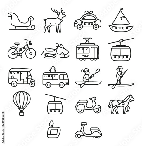 Linear christmas transportation icons set: sleigh, reindeer, car, boat, bike, snowmobile, tram, ski lift, and more