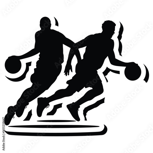 Two basketball players dribbling silhouette