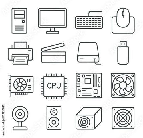 Linear computer hardware icon set featuring monitor, keyboard, mouse, printer, and cpu symbols