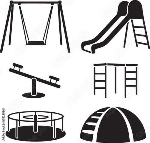 Playground equipment silhouettes including swing slide seesaw climbing structure trampoline and dome