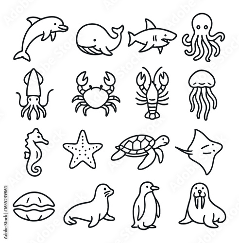 Linear sea animals icon set featuring dolphin, whale, shark, octopus, and crab designs