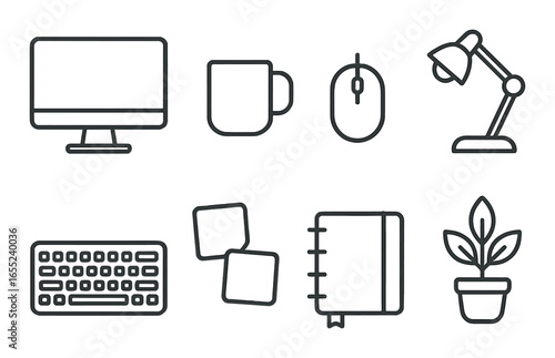 Silhouette office icon set featuring desktop, mug, mouse, lamp, keyboard, sticky notes, planner, plant