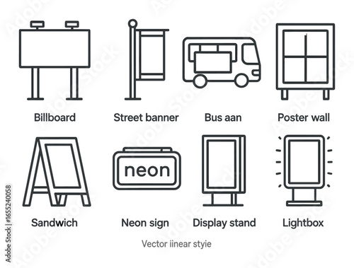 Linear outdoor advertising icons set featuring billboard, poster wall, neon sign, lightbox, and more