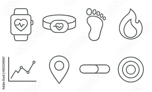 Linear fitness icon set featuring smartwatch, heart rate, step, burn, chart, location, pill, and target symbols
