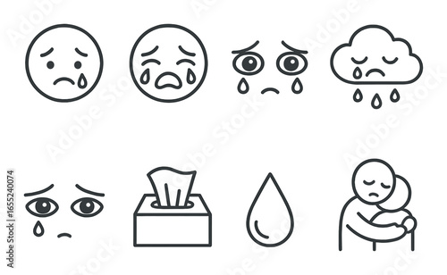 Silhouette emotions icon set featuring sad, crying, emotional, cloud, tissue, drop, and hugging symbols