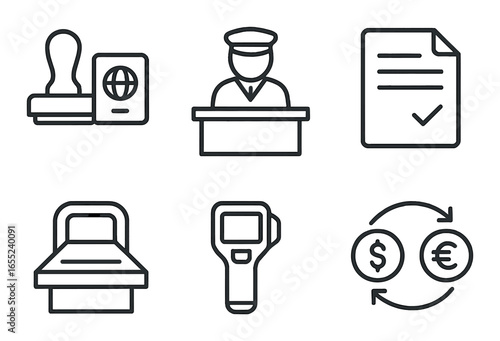 Linear travel icon set featuring passport, customs officer, document, hotel bed, scanner, currency exchange symbols