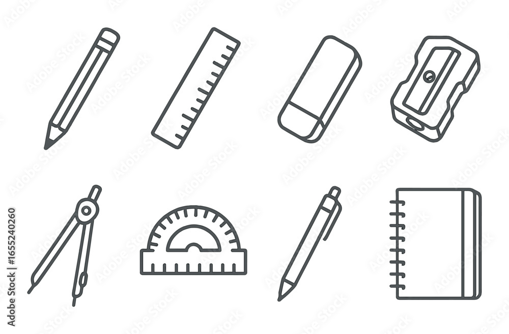 Obraz premium Linear school icon set featuring pencil, ruler, eraser, sharpener, compass, protractor, pen, notebook