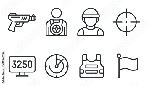 Silhouette tactical icon set featuring gun, soldier, target, armor, flag, stopwatch, score