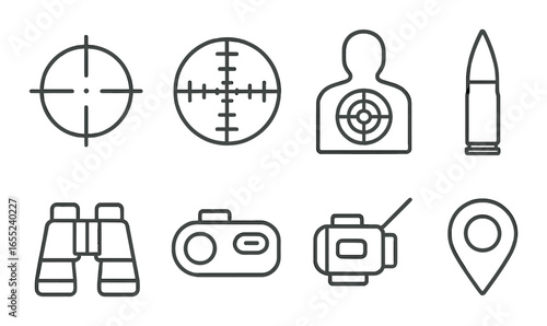 Silhouette military icon set featuring target, bullet, binoculars, camera, radio, and map symbols