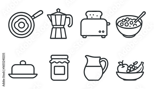 Silhouette kitchen icon set featuring pan, coffee maker, toaster, cereal bowl, butter dish, jam jar, pitcher, fruit bowl