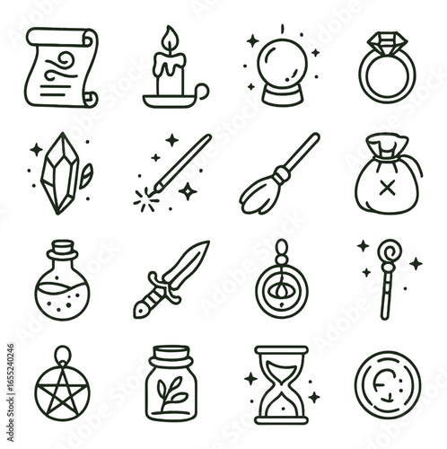 Linear magic icon set featuring scroll, candle, crystal ball, ring, crystal, wand, broom, and potion symbols