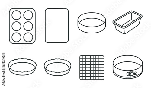 Linear baking icon set featuring muffin pan, baking sheet, round cake tin, loaf pan, pie dish, tart pan, cooling rack, springform pan