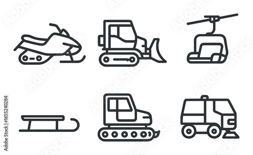 Silhouette winter sports icon set featuring snowmobile, snowplow, ski lift, sled, and groomer symbols
