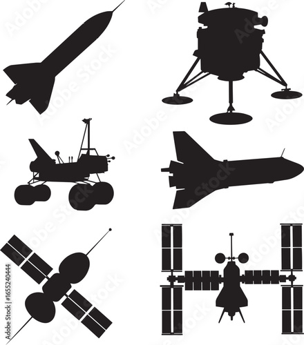 Rocket shuttle satellite lunar rover space station vector