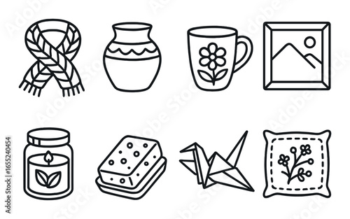 Silhouette cozy home icons set featuring scarf, vase, mug, frame, candle, soap, origami, pillow