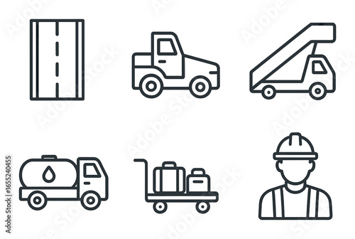 Silhouette airport icon set featuring runway, stair truck, tanker, luggage, and worker symbols