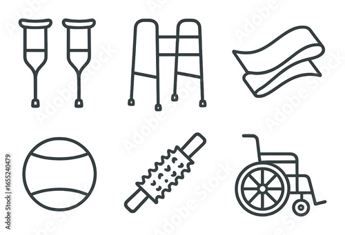Silhouette medical icon set featuring crutches, walker, bandage, wheelchair, tennis ball, foam roller