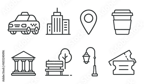 Linear city life icon set featuring taxi, building, location, coffee, museum, park, lamp, and ticket