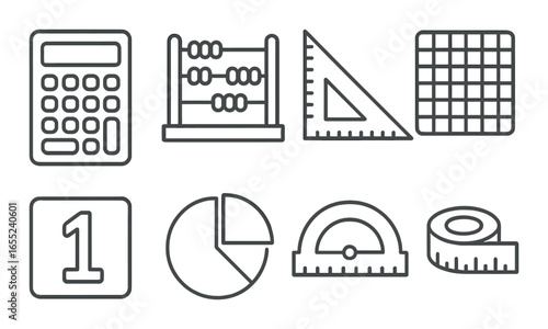 Silhouette math icons set featuring calculator, abacus, ruler, grid, number 1, pie chart, protractor, tape
