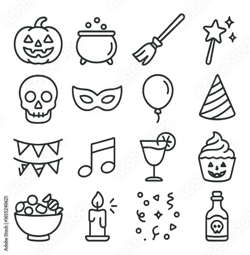 Linear halloween icon set featuring pumpkin, cauldron, broom, wand, skull, and mask symbols