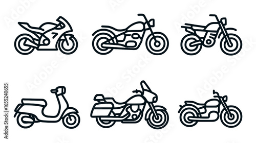 Silhouette motorcycle icon set featuring sportbike, cruiser, dirt bike, scooter, touring, and chopper designs