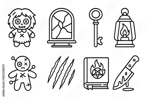 Silhouette horror icon set featuring voodoo dolls, broken mirror, key, lantern, claw marks, and spellbook