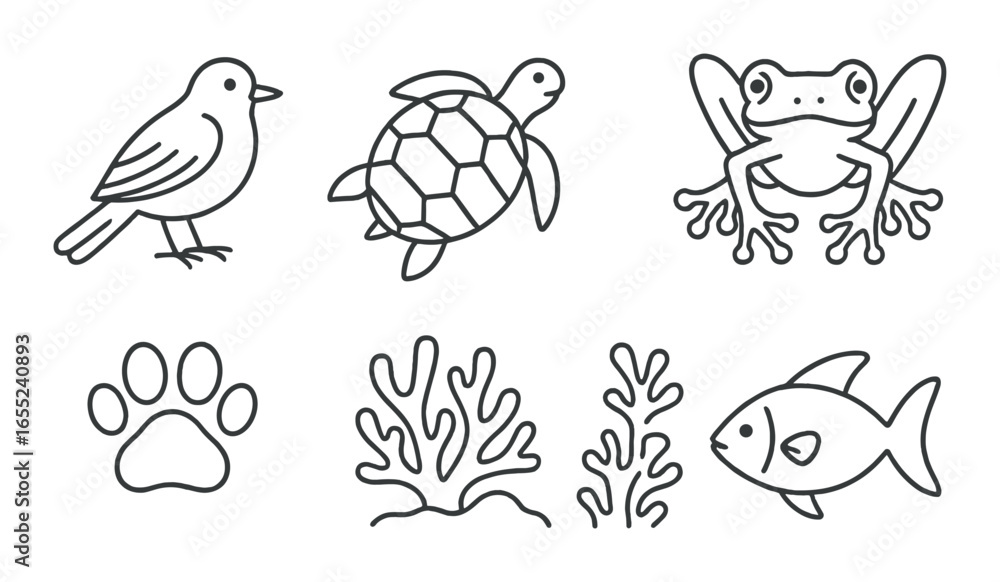 Fototapeta premium Silhouette icons set featuring bird, turtle, frog, paw, coral, seaweed, and fish