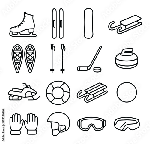 Linear winter sports icon set featuring skates, skis, snowboard, sled, snowshoes, poles, hockey, and curling