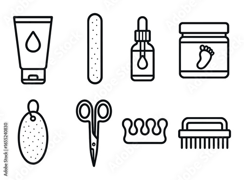 Linear manicure icon set featuring lotion, nail file, oil, cream, pumice, scissors, separator, brush