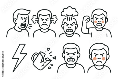 Linear emotions icons set featuring shouting, angry, frustrated, stormy, thunder, and broken mug symbols