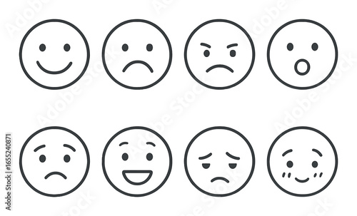 Silhouette emoji icon set featuring smiley, sad, angry, surprised, happy, worried, tired, and blushing symbols