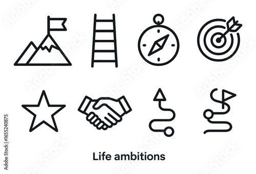 Silhouette life ambitions icons set featuring mountain, ladder, compass, target, star, handshake, arrow, pathway