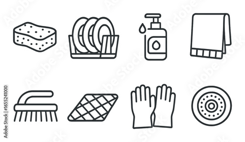 Silhouette kitchen icon set featuring sponge, dish rack, soap, towel, brush, mat, gloves, pot lid