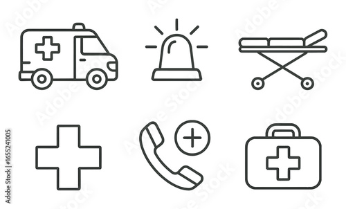 Linear emergency icon set featuring ambulance, siren, stretcher, medical cross, phone, and first aid kit