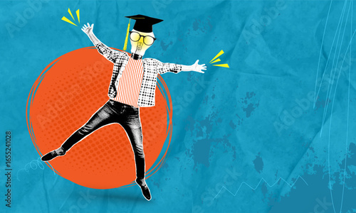 Trendy halftone art collage. Business issues solution. Concept of smart person with light bulb and professor's hat instead of head.
