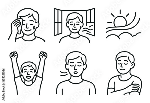 Linear mood icon set featuring headache, relaxation, sunset, celebration, yawning, and comfort symbols