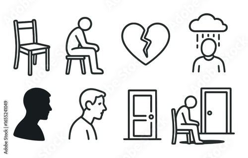 Silhouette depression icon set featuring chair, sad person, heartbreak, rain cloud, and closed door symbols