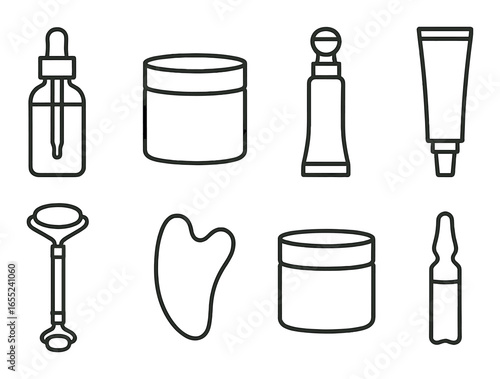 Linear beauty icon set featuring serum, cream, jar, roller, gua sha, and ampoule