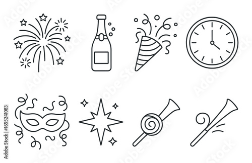Silhouette new year icon set featuring fireworks, champagne, party hat, clock, mask, sparkle, lollipop, horn