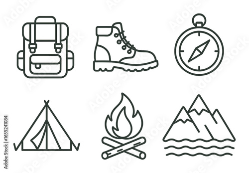 Linear outdoor icon set featuring backpack, boot, compass, tent, campfire, and mountain symbols